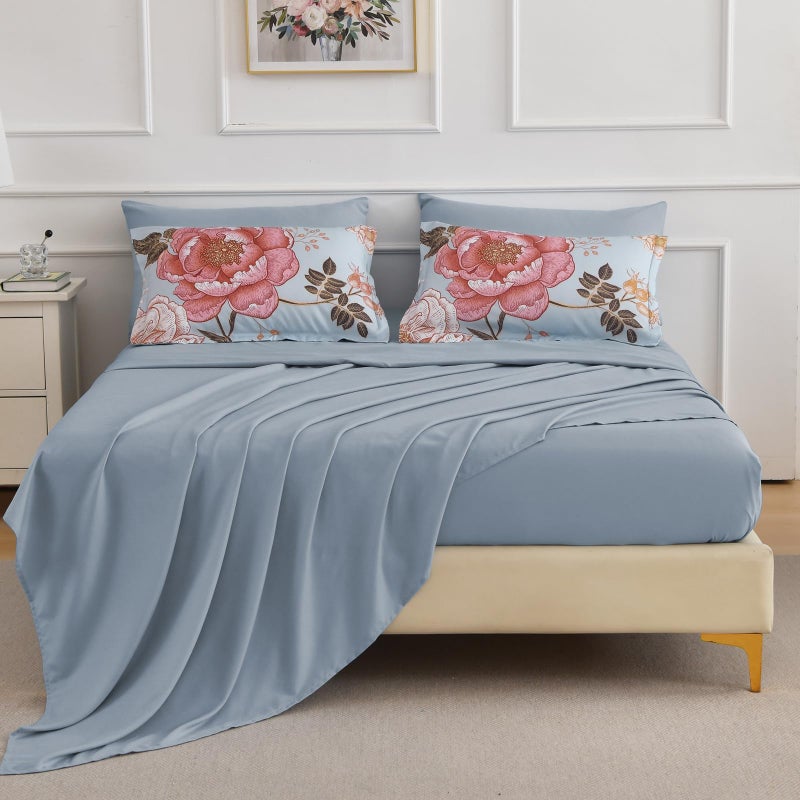 Luxudecor Blue Pink Floral Queen Comforter Set 7 Pieces Bed in a Bag,Pink Flower Print on Blue Bedding Set,Soft Reversible Comforter with Sheets 90"x90" - Image 4