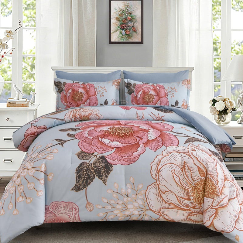 Luxudecor Blue Pink Floral Queen Comforter Set 7 Pieces Bed in a Bag,Pink Flower Print on Blue Bedding Set,Soft Reversible Comforter with Sheets 90"x90" - Image 1