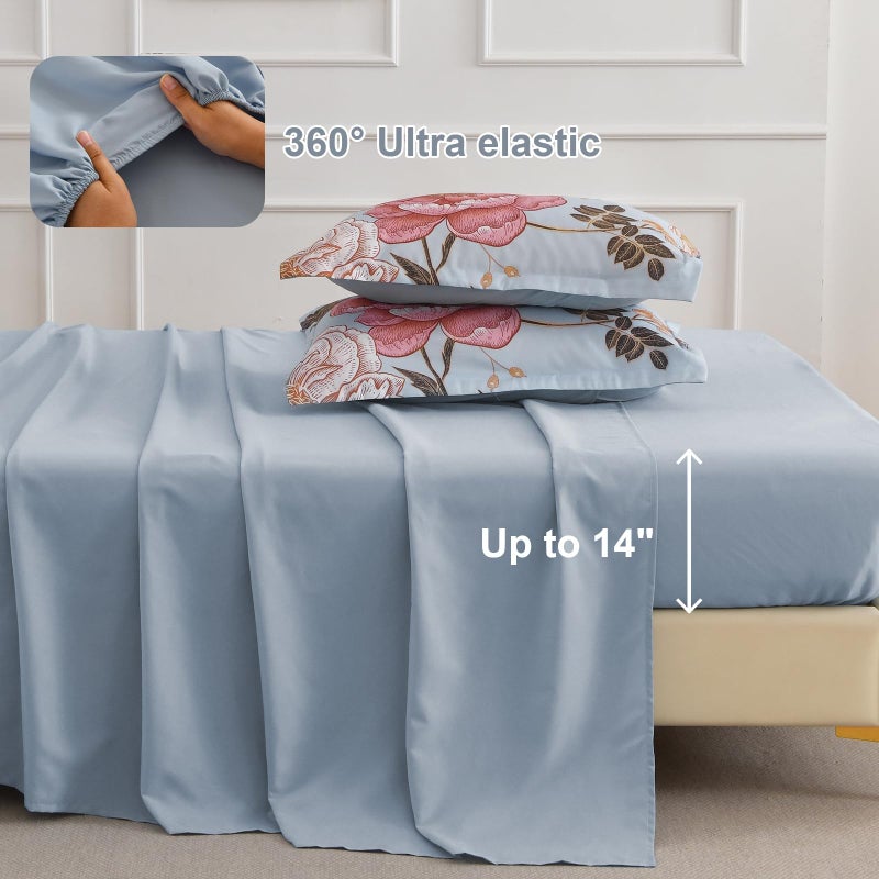 Luxudecor Blue Pink Floral Queen Comforter Set 7 Pieces Bed in a Bag,Pink Flower Print on Blue Bedding Set,Soft Reversible Comforter with Sheets 90"x90" - Image 5