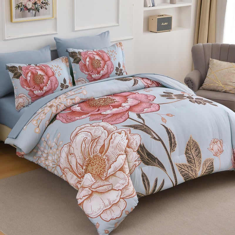 Luxudecor Blue Pink Floral Queen Comforter Set 7 Pieces Bed in a Bag,Pink Flower Print on Blue Bedding Set,Soft Reversible Comforter with Sheets 90"x90" - Image 2