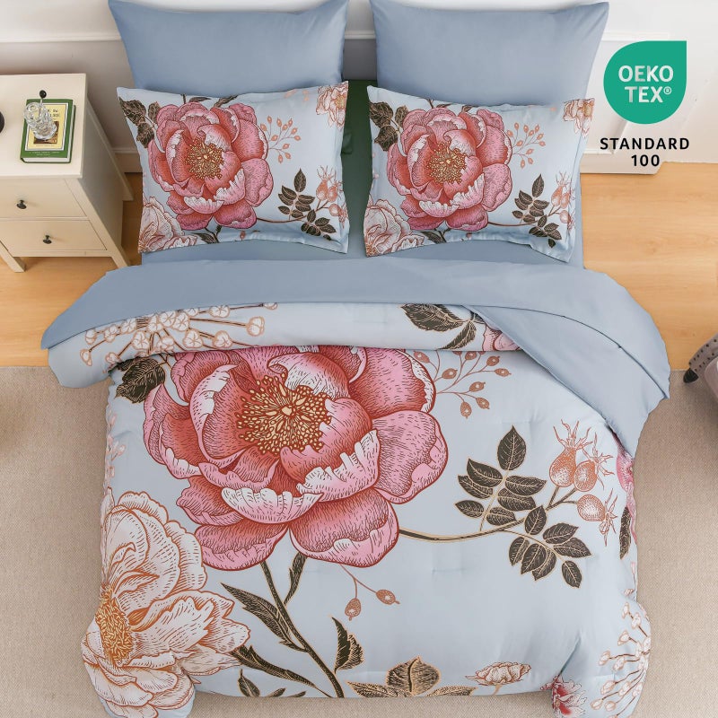 Luxudecor Blue Pink Floral Queen Comforter Set 7 Pieces Bed in a Bag,Pink Flower Print on Blue Bedding Set,Soft Reversible Comforter with Sheets 90"x90" - Image 3