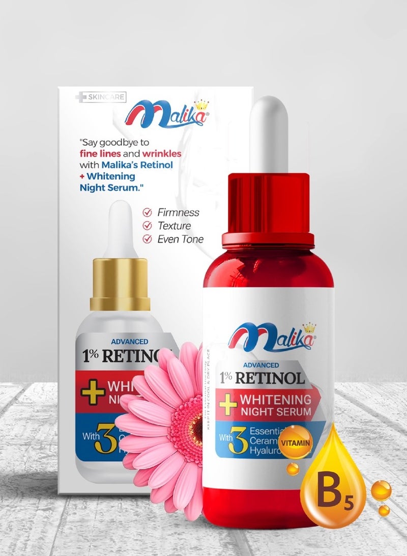Malika Retinol + Whitening Night Serum for face with Tri-Active Retinols, Retinol serum Smooths Fine Lines, Unclogs Pores, Reduces Dark Spots, Helps in Anti-Aging, Firming & Brightening for All Skin Types for Women & Men. - Image 1