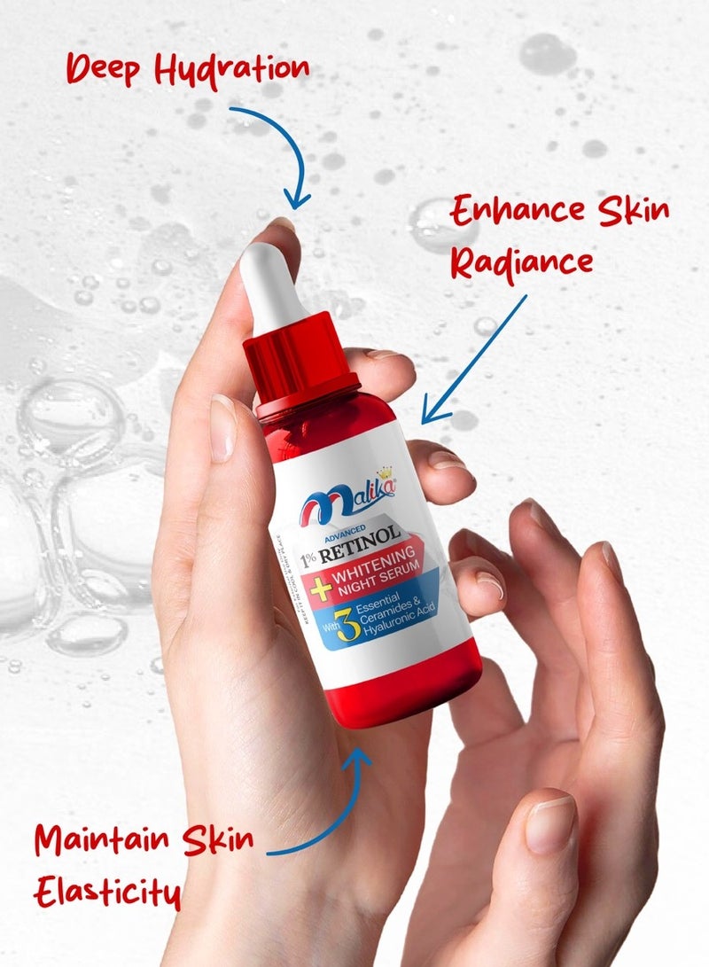 Malika Retinol + Whitening Night Serum for face with Tri-Active Retinols, Retinol serum Smooths Fine Lines, Unclogs Pores, Reduces Dark Spots, Helps in Anti-Aging, Firming & Brightening for All Skin Types for Women & Men. - Image 2