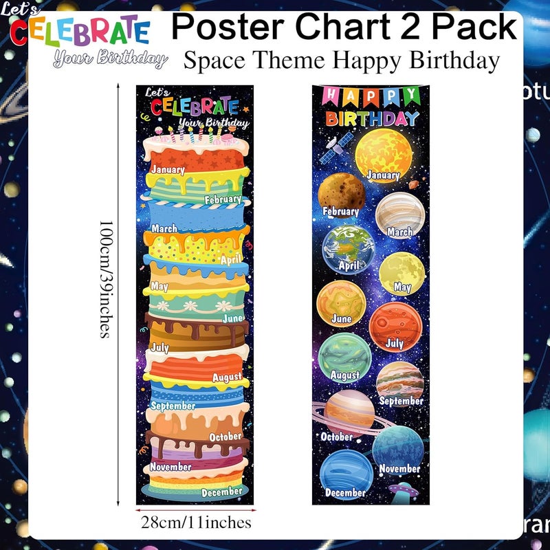 Containlol 2 Pcs Space Happy Birthday Chart Poster for Classroom 39 x 11 in Space Theme Birthday Chart Classroom Calendar Decorations Galaxy Planet Bulletin Board Set for Back to School Wall Teacher - Image 2