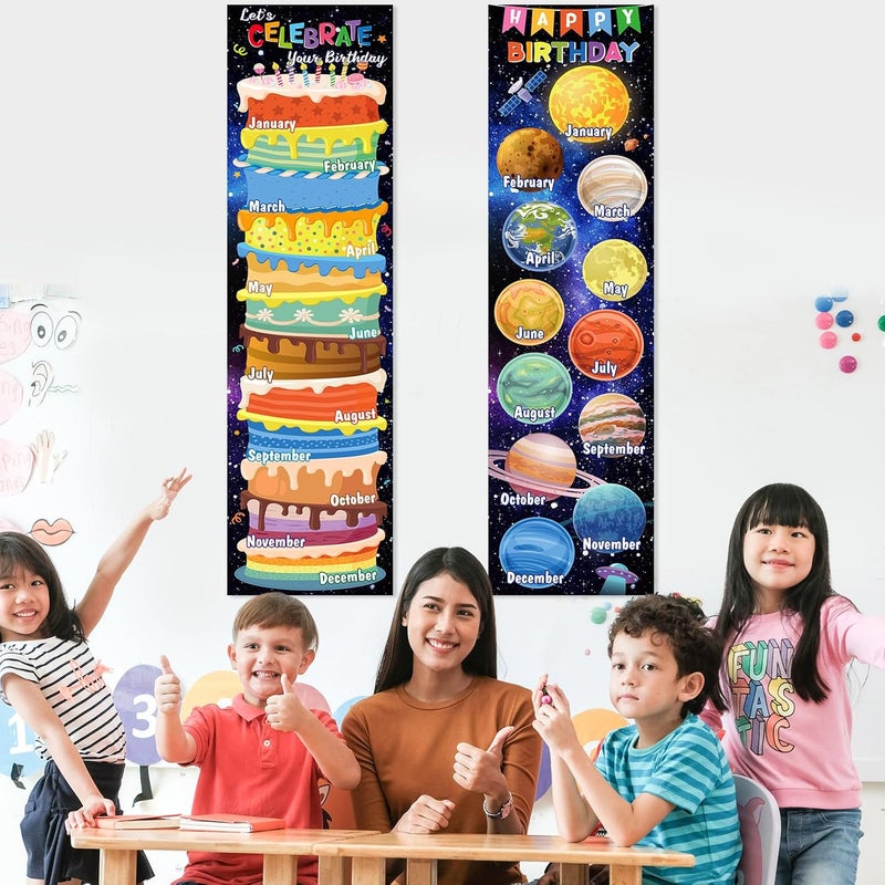 Containlol 2 Pcs Space Happy Birthday Chart Poster for Classroom 39 x 11 in Space Theme Birthday Chart Classroom Calendar Decorations Galaxy Planet Bulletin Board Set for Back to School Wall Teacher - Image 5