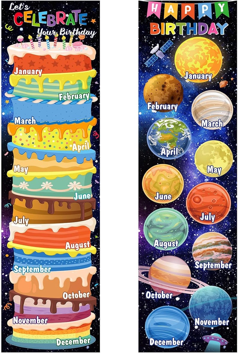 Containlol 2 Pcs Space Happy Birthday Chart Poster for Classroom 39 x 11 in Space Theme Birthday Chart Classroom Calendar Decorations Galaxy Planet Bulletin Board Set for Back to School Wall Teacher - Image 1