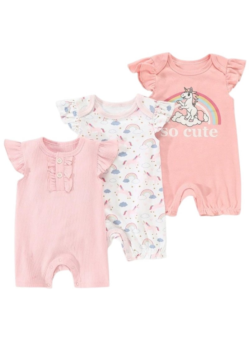 Bambimici Baby  Cotton Unicorn Bodysuit Short Sleeve  – 3-Piece Newborn Outfit - Image 1