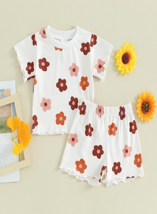 fhutpw Toddler Baby Girls Summer Outfits Daisy Ruffle Short Sleeve T-Shirts Tops Floral Shorts 2Pcs Clothes Set 6M-4T (B Floral White, 18-24 Months) - Image 2