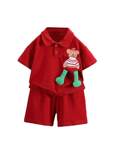 LITTLE SURPRISE BOX Red Long Legs Teddy 2 Pcs Shorts Set For Toddlers And Kids