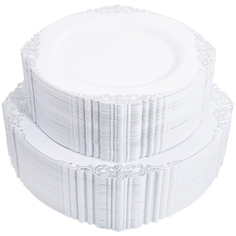 Joyido 102PCS White and Silver Plastic Plates  Heavyweight Silver Plate  Wedding Plate with Silver Rim  Fancy Dinner  Dessert Plates for 51 Guests Graduation Weddings  Parties
