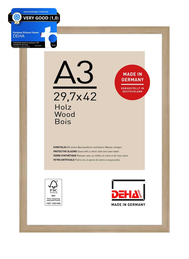 DEHA Design Fontana Wooden Picture Frame Oak A3 297x42cm with Push and Turn Clips