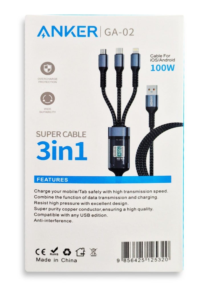 كابل USB 3 في 1 للشحن السريع بقوة 100 واط لأنظمة IOS و Android، مناسب بشكل واسع، مع حماية من الشحن الزائد - أسود