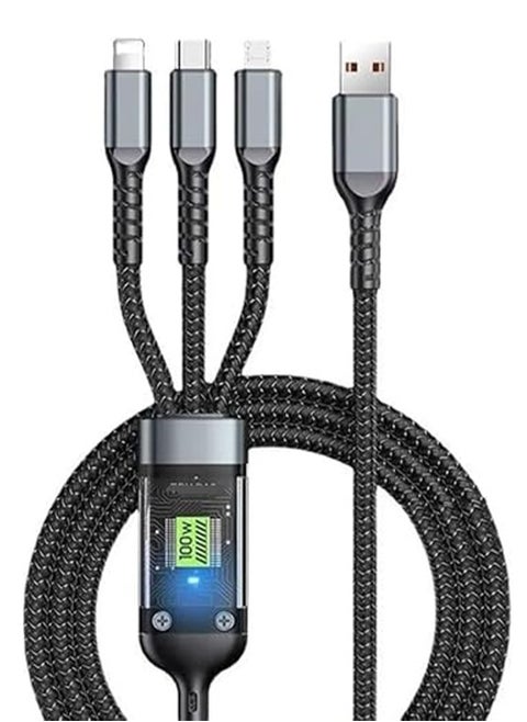 كابل USB 3 في 1 للشحن السريع بقوة 100 واط لأنظمة IOS و Android، مناسب بشكل واسع، مع حماية من الشحن الزائد - أسود