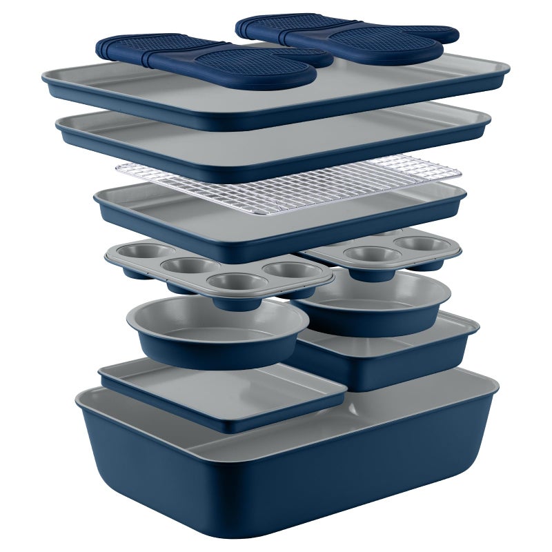 Country Kitchen Nonstick Stackable Bakeware Set  Durable Easy Release Baking Set Denim 13 Pcs