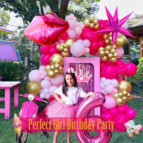 kozee Hot Pink and gold Balloon garland arch kit 140Pcs Hot magenta pink with Chrome Gold Balloons & Lip Starburst Roller mylar balloons for girl’s Birthday party Mother's Day decorations - Image 2