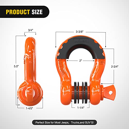 Nilight 2 Pack 3/4" D-Ring Shackle 4.75 Ton (9500 Lbs) Capacity with 7/8" Pin Heavy Duty Off Road Recovery with Isolators & Washer Kit for Jeep Truck Vehicle, Orange (90051B) - Image 2