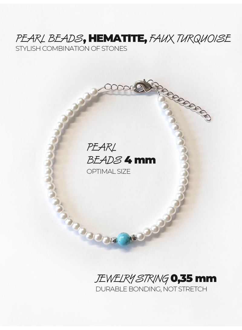 GetmanJewelry Women’s Getman Jewelry Handmade Pearl & Turquoise Anklet – Faux Pearl Beaded Ankle Bracelet with Hematite Accents and Adjustable Chain - Image 5