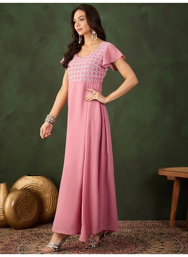 AKS Blush Pink Sequinned Flared Maxi Dress