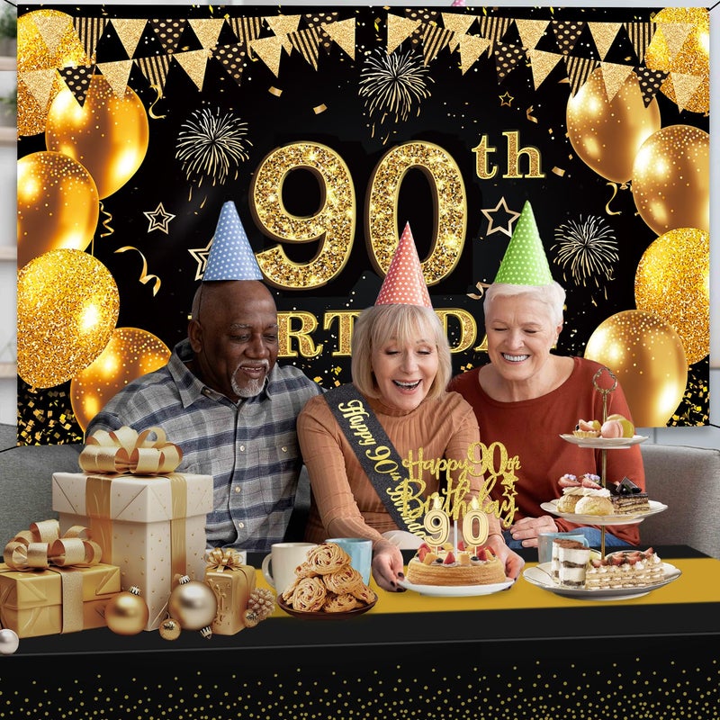 YeohJoy 90th Birthday Decorations Men Women with 90th Birthday Banner, Black and Gold Table Cloth, Number Balloons, Large Sash, Cake Topper and Candles - Image 3