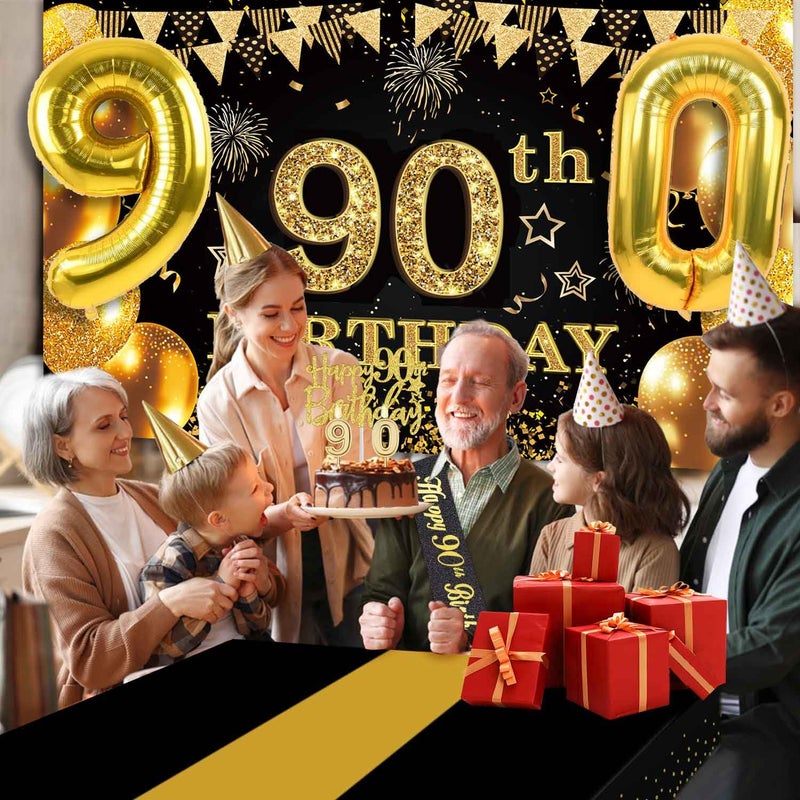 YeohJoy 90th Birthday Decorations Men Women with 90th Birthday Banner, Black and Gold Table Cloth, Number Balloons, Large Sash, Cake Topper and Candles - Image 2