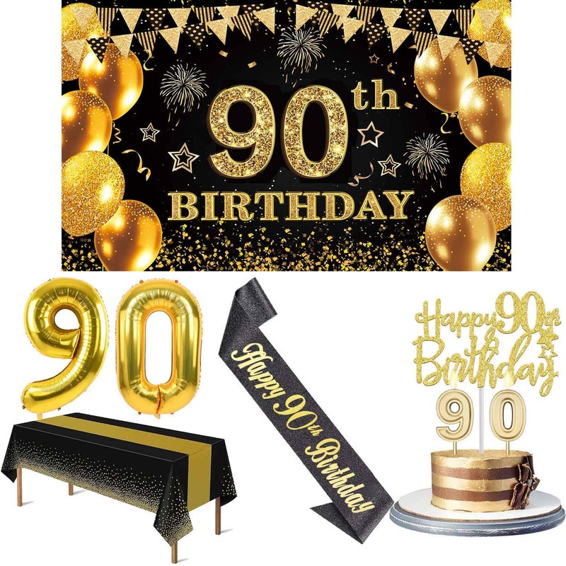 YeohJoy 90th Birthday Decorations Men Women with 90th Birthday Banner, Black and Gold Table Cloth, Number Balloons, Large Sash, Cake Topper and Candles - Image 1