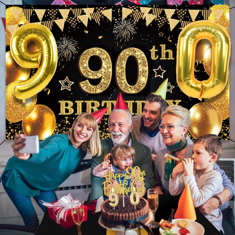 YeohJoy 90th Birthday Decorations Men Women with 90th Birthday Banner, Black and Gold Table Cloth, Number Balloons, Large Sash, Cake Topper and Candles - Image 5