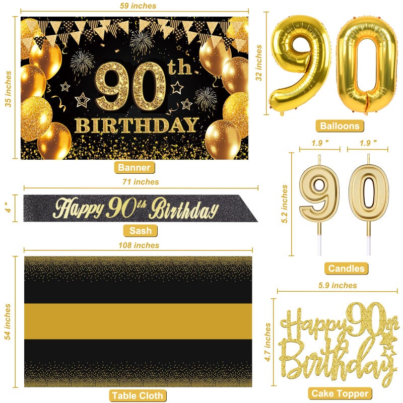 YeohJoy 90th Birthday Decorations Men Women with 90th Birthday Banner, Black and Gold Table Cloth, Number Balloons, Large Sash, Cake Topper and Candles - Image 4