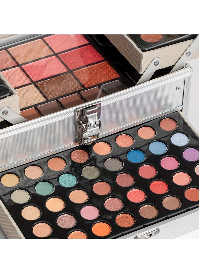127Pcs/Set Idea Makeup Gift Box For Mother's Day Multi-Functional Make Up Case Set With Mirror u0026 Brush Eyeshadow Lipstick Mascara Lip Liner Lip Gloss All In One Simplicity Silvery Ladies Cosmeti
