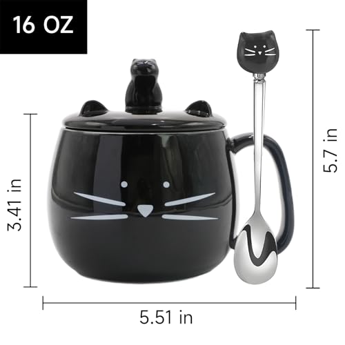 Koolkatkoo Ceramic Cat Mug - Black Ceramic Coffee Cup, Coffee Mug with Lid and Spoon, Cute Kitty Design with Phone Holder, Gifts for Women Cat Lovers - Image 3