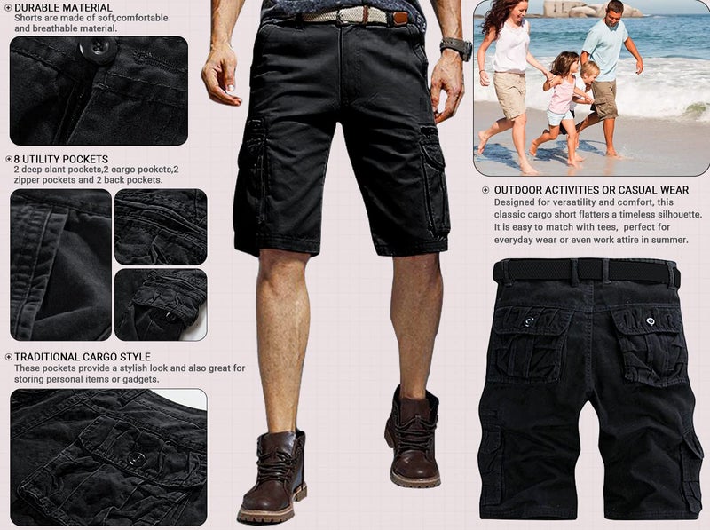 AKARMY Men's Lightweight Multi Pocket Cotton Casual Cargo Shorts,Outdoor Twill Camo Shorts with Zipper Pockets(No Belt) 038 Black - Image 4