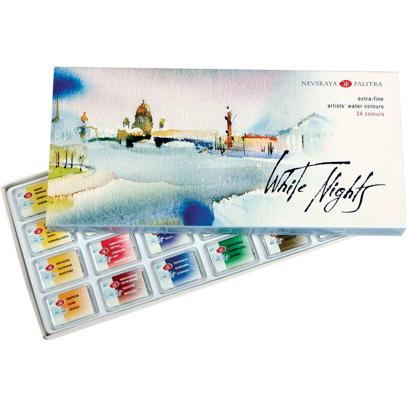 White Nights Extra Fine Artists Grade Watercolors Set 24 Full Pans 2,5ml, Cardboard Box by Nevskaya Palitra - Image 1