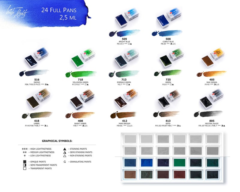 White Nights Extra Fine Artists Grade Watercolors Set 24 Full Pans 2,5ml, Cardboard Box by Nevskaya Palitra - Image 5