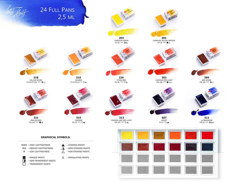 White Nights Extra Fine Artists Grade Watercolors Set 24 Full Pans 2,5ml, Cardboard Box by Nevskaya Palitra - Image 4