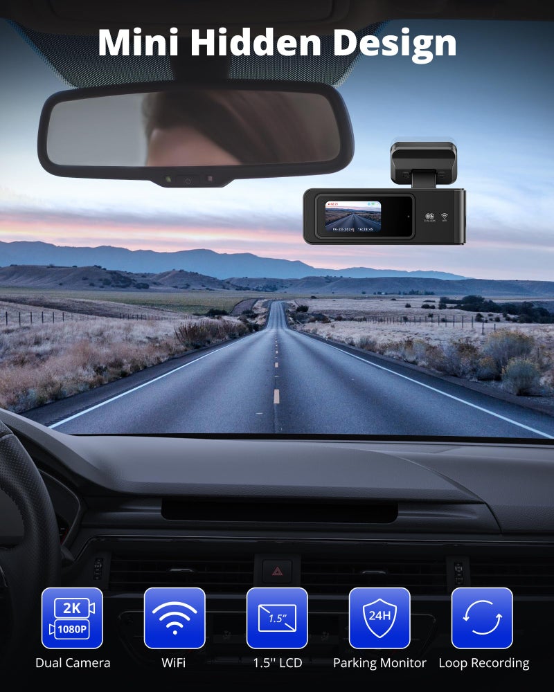 Kingslim Dash Cam Front and Rear 2K+1080P, Mini WiFi Dash Camera for Cars Dual Dashcam Parking Monitor, Loop Recording, Car Camera Support Max 256GB (E2PRO) - Image 2