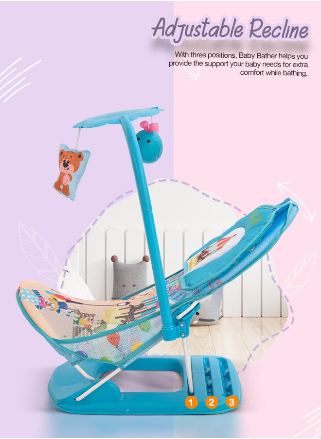 BAYBEE 3 Position Adjustable And Soft Mesh Seat, Duna Anti Slip Baby Bather With Hanging Toy Bar 0-6 Month, Blue  - Image 2