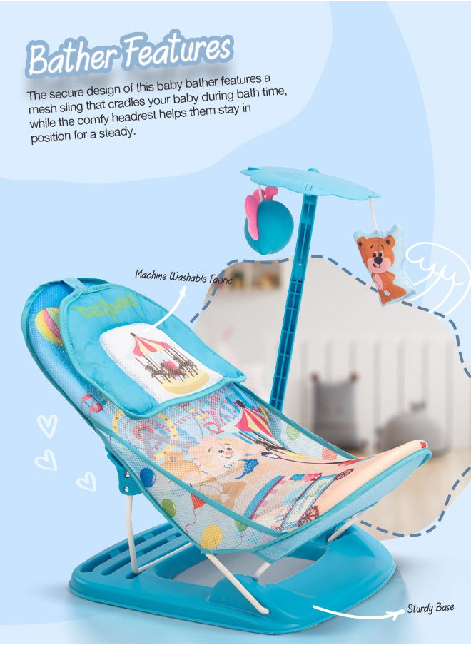 BAYBEE 3 Position Adjustable And Soft Mesh Seat, Duna Anti Slip Baby Bather With Hanging Toy Bar 0-6 Month, Blue  - Image 3