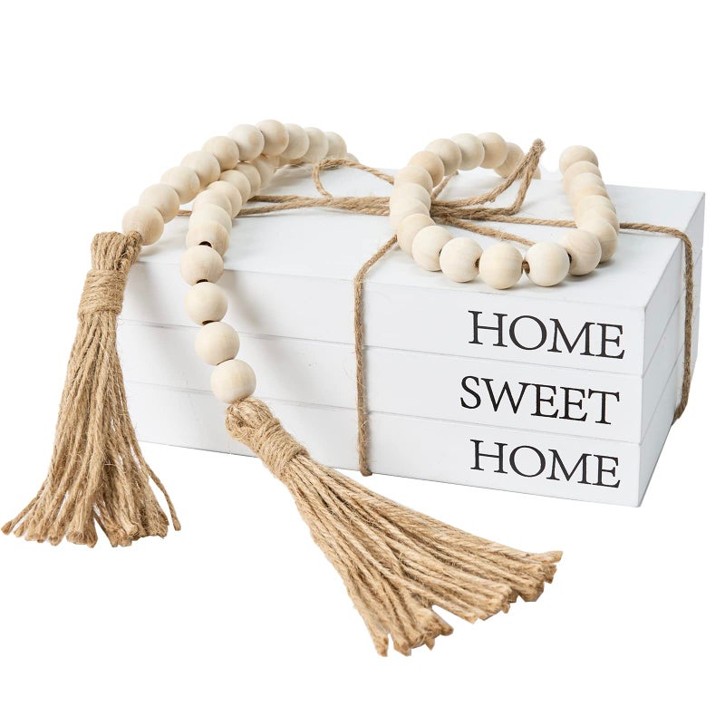 Decorative Books for Home Decor White Faux Books for Decoration Rustic Farmhouse Stacked Display Books with 52in Wood Bead Garland for Coffee Tables Living Room Home Sweet Home