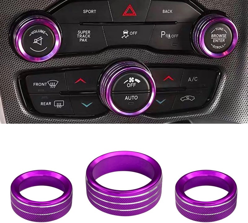 UZZH 3PCS AC Air Conditioner Switch Button Knob Cover, Car Interior Decor Accessories Radio Volume Control Knob Decals for Dodge Challenger Jeep Grand Cherokee Charger Durango Journey Chrysler(Purple) - Image 1