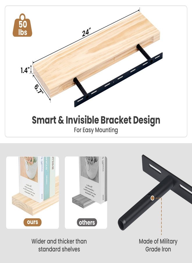 Fun Memories Wood Floating Shelves Set of 2, Rustic Pine Wood Floating Shelves for Wall Mounting, Wide Wall Shelf for Home Decor and Storage, 24" W x 7" D, Natural Unfinished, DIY Stain - Image 3
