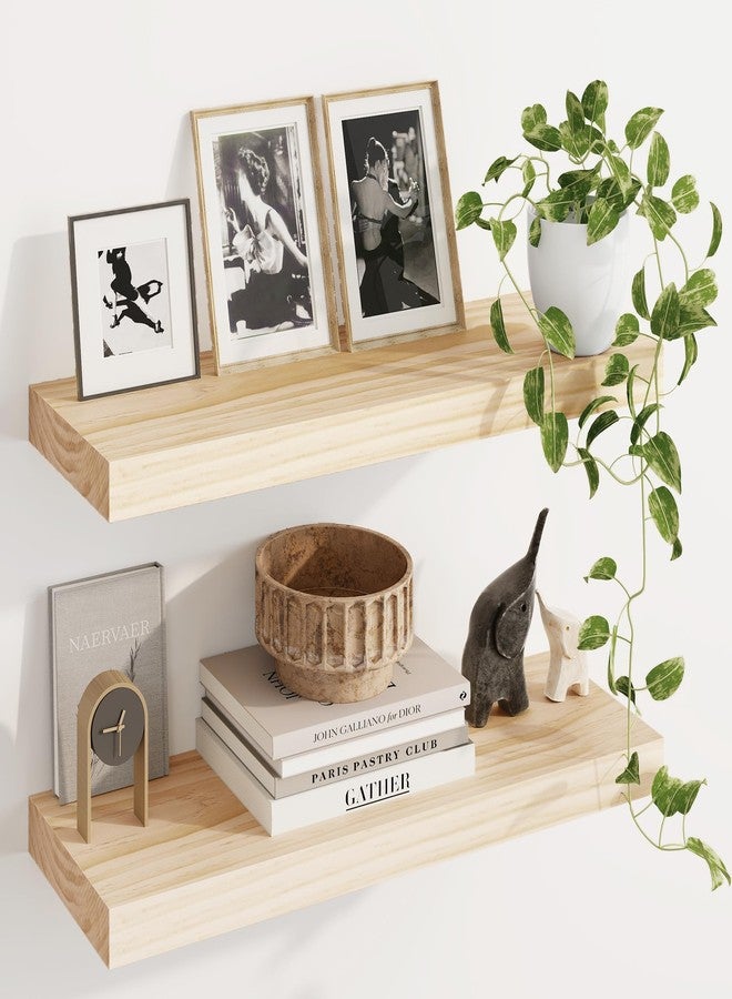 Fun Memories Wood Floating Shelves Set of 2, Rustic Pine Wood Floating Shelves for Wall Mounting, Wide Wall Shelf for Home Decor and Storage, 24" W x 7" D, Natural Unfinished, DIY Stain - Image 1