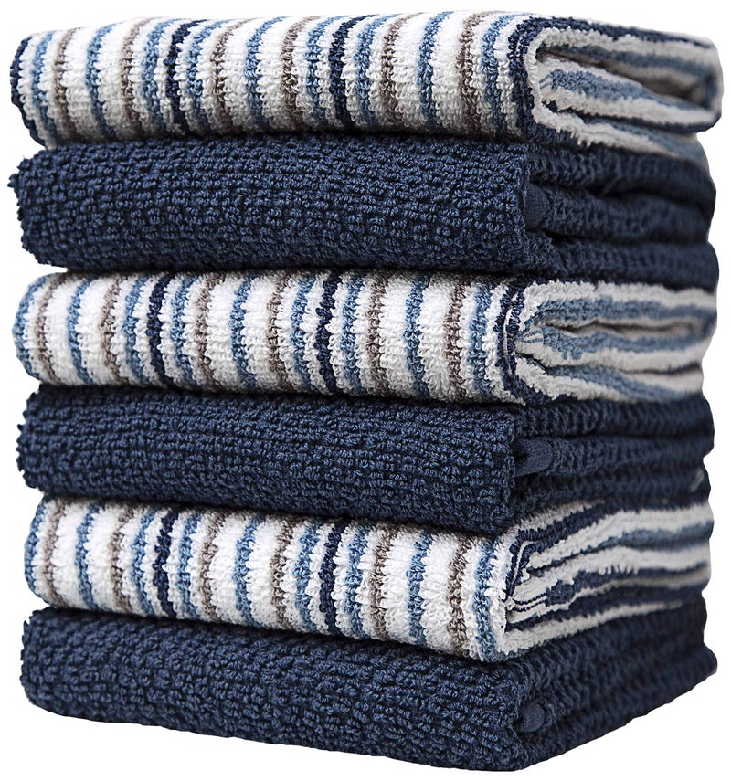 Kitchen Towels 16x 26  6 Pack  Large Cotton Kitchen Hand Towels  Dish Towels  Popcorn Stripe Design  430 GSM Highly Absorbent Tea Towels Set with Hanging Loop  Dish Towels for Kitchen  Blue