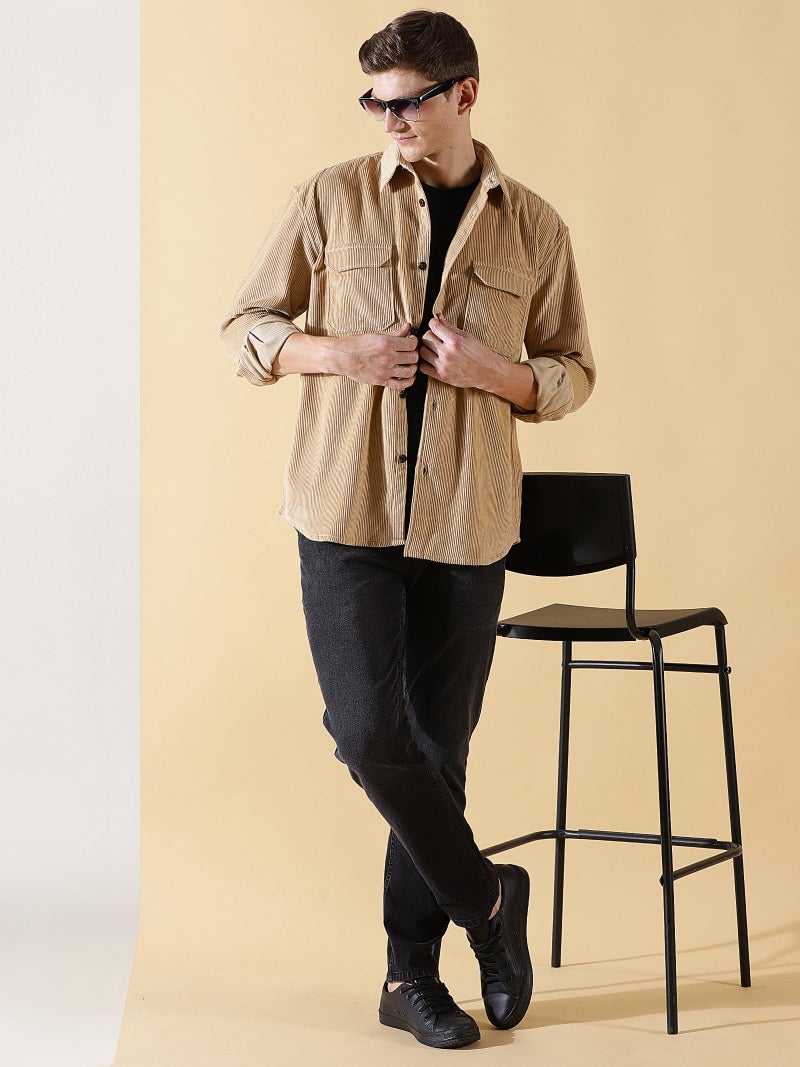 Thomas Scott Mens | Full Sleeve | Corduroy | Double Pockets | Relaxed Fit | 100% Cotton | Spread Collar | Casual | Shirts (Beige_M) - Image 3