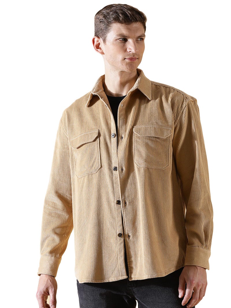 Thomas Scott Mens | Full Sleeve | Corduroy | Double Pockets | Relaxed Fit | 100% Cotton | Spread Collar | Casual | Shirts (Beige_M) - Image 4