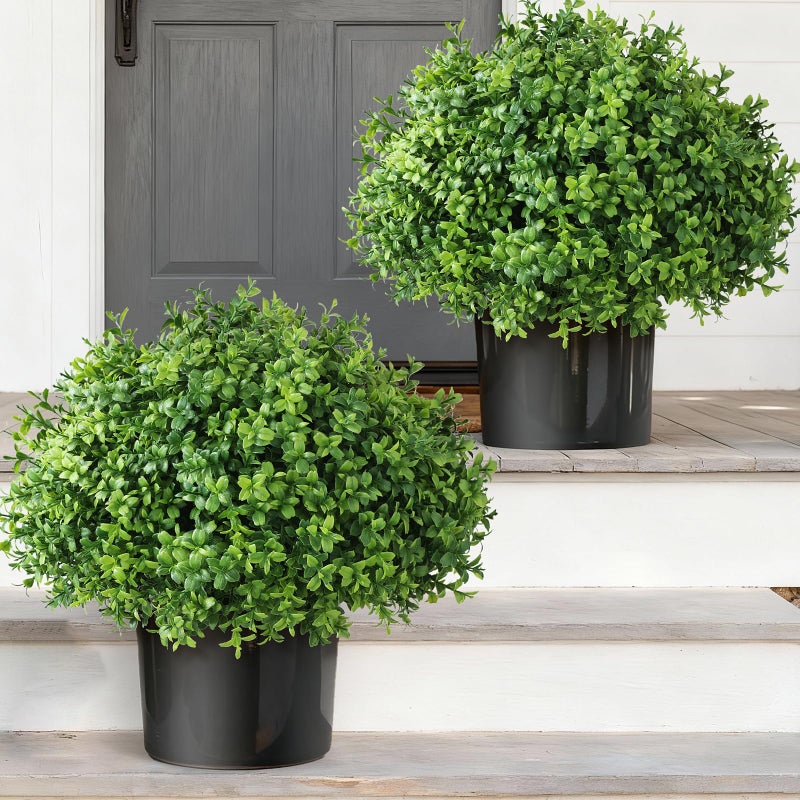 YXZZWL Set of 2 Artificial Boxwood Topiary Ball Trees - UV Resistant Faux Boxwood Potted Plants, Spring Summer Greenery Fake Bushes for Front Door Farmhouse Garden Porch Outdoor Decor - Image 1