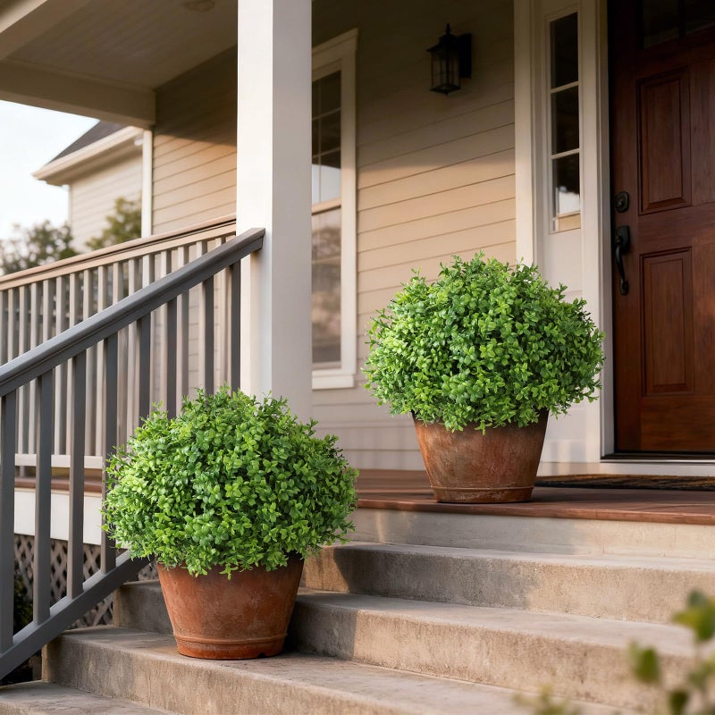 YXZZWL Set of 2 Artificial Boxwood Topiary Ball Trees - UV Resistant Faux Boxwood Potted Plants, Spring Summer Greenery Fake Bushes for Front Door Farmhouse Garden Porch Outdoor Decor - Image 2