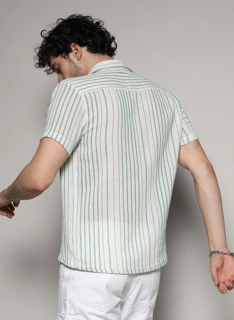 Campus Sutra Men's White & Green Unbalanced Striped Woven Shirt