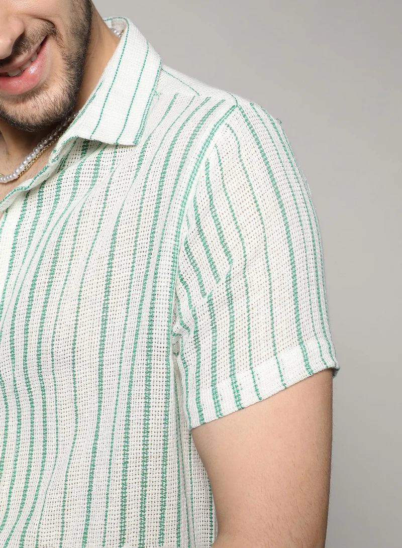 Campus Sutra Men's White & Green Unbalanced Striped Woven Shirt