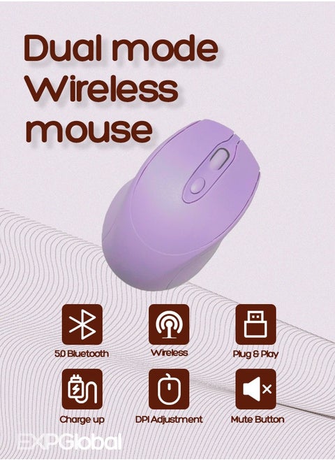 Rechargeable Wireless Mouse, Bluetooth Mouse, Dual mode Mouse Portable Slim Computer Mouse (Purple)