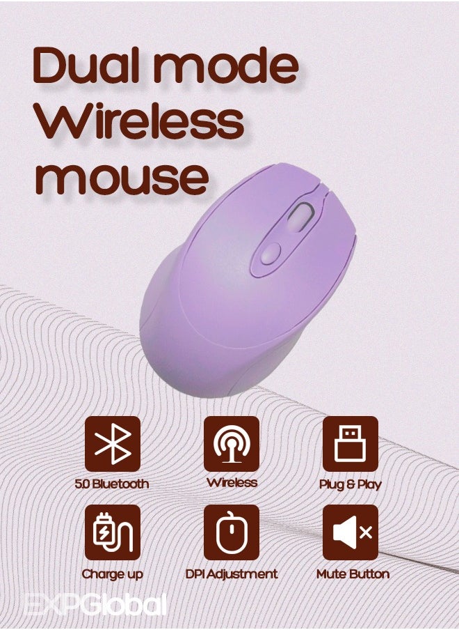 EXPGlobal - Rechargeable Wireless Mouse, Bluetooth Mouse, Dual mode Mouse Portable Slim Computer Mouse (Purple) - Image 1