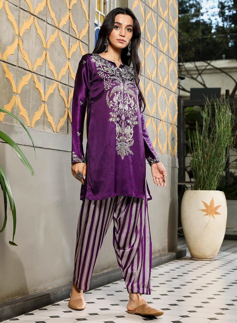 QISSA Purple Qissa Women's Violet Ethnic Wilderness Kurti With Trousers & Dupatta For Casual Wear | Portrait Neck | Long Sleeve | Comfort Fit For Everyday Ethnic Wear for Women | Best Price UAE